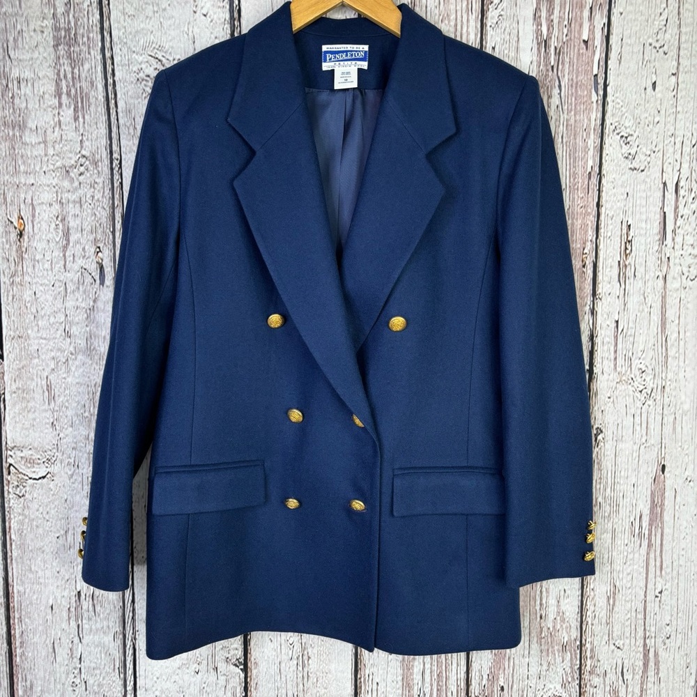 Pendleton Vintage Navy Blue Blazer Suit Jacket Size 10 Petite Gold Tone Buttons